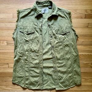 VTG Cut Off Button Up Army Green Distressed Vision 1 Womens‎ L Punk Grunge 90s